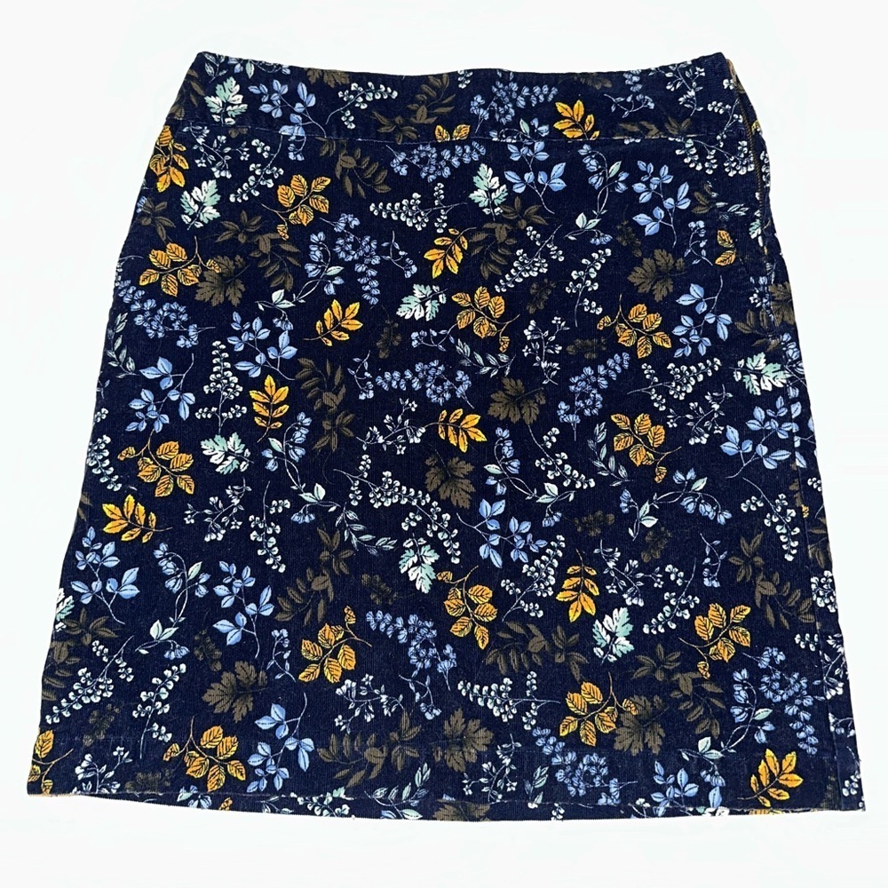 Talbots Women’s Navy Blue Corduroy Pencil Skirt Size 8 Floral Leaf Print Stretch
